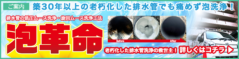 泡革命 築30年以上の老朽化した排水管でも傷めず泡洗浄！